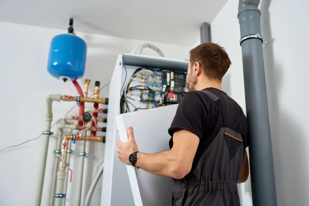 Monteur opent de besturingskast van een installatie